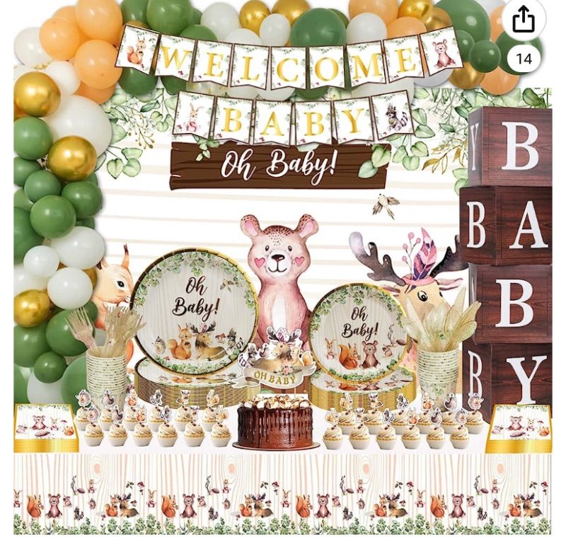 Photo 1 of 304pcs Baby Shower Decorations for boy Woodland Animals Party Supplies with Boxes Banners Balloons Cake Topper Tablecloth Backdrop Cups Tableware Set (Serves 24 Guests)