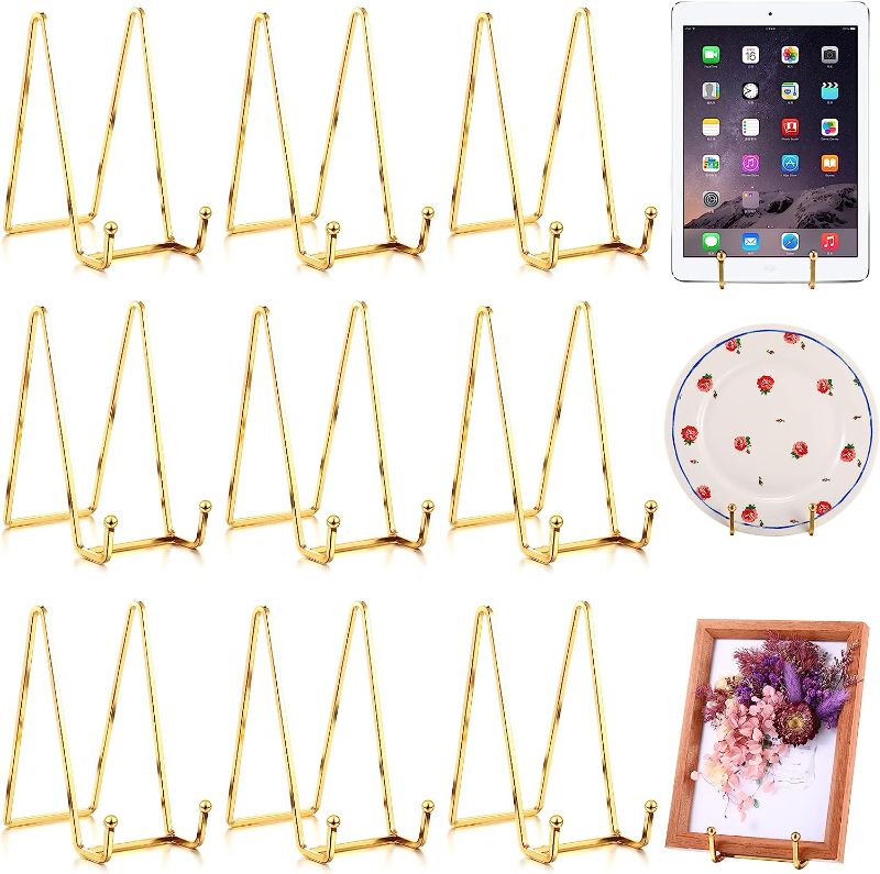 Photo 1 of 12 Pcs Plate Stands for Display 6 Inch Easel Stand Plate Holder Display Stand Metal Plate Display Stands Decorative Picture Frame Stand for Book Photo Easel Dish Tabletop Art, Gold