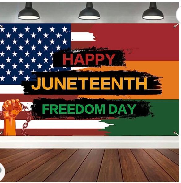 Photo 1 of 2pcks of Happy Juneteenth Decorations Banner, Large Juneteenth Backdrop Party Supplies for Photography, June 19th 1865 Africa American Juneteenth Independence Day Decorations for Freedom Day Celebration Indoor Outdoor