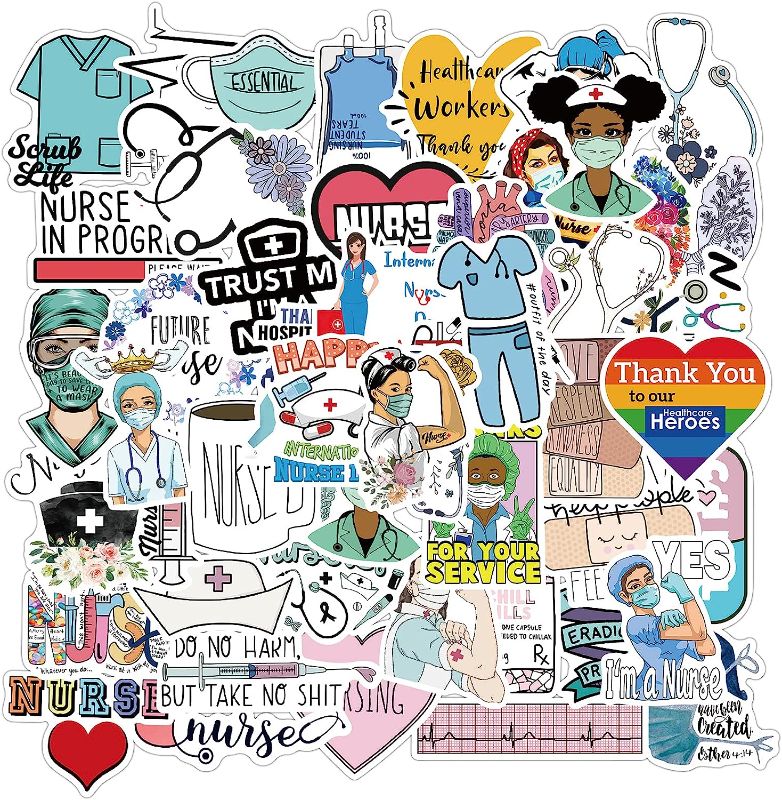 Photo 1 of 50 Pcs Nurse Stickers, Vinyl Nursing Stickers Decals for Laptops and Water Bottles, Nurse Accessories for Work (50, Nurse)