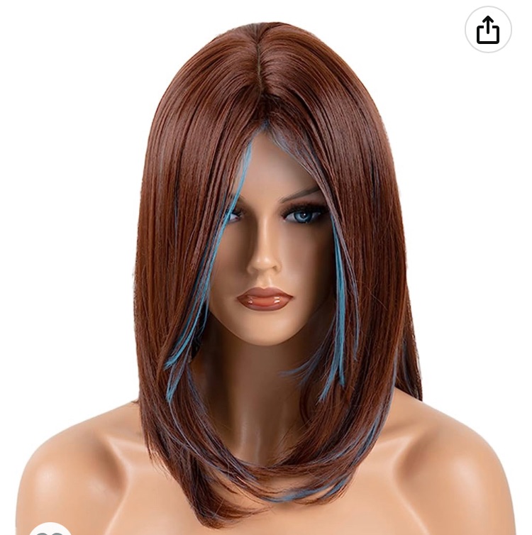 Photo 1 of ENRIANE Synthetic Layered Wigs with Bangs Medium Length Brown Highlights Wig for Women (Dark Brown with Blue)