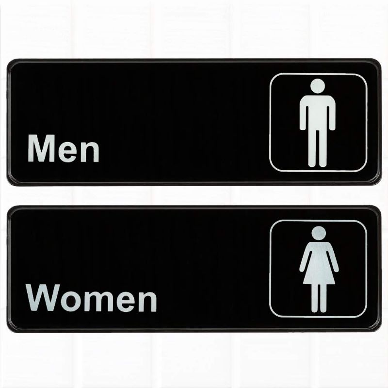 Photo 1 of (Set of 2) Restroom Signs, Men's and Women's Restroom Signs - Black and White, 9 x 3-inches Bathroom Signs, Restroom Signs for Door/Wall by Tezzorio
