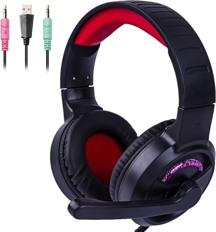 Photo 1 of **TESTED** Olyre A66 Gaming Headset with Mic for Laptop Xbox One Headset PS4/PS5 Headsets Mac Gaming Headphones for PC Noise Isolating PC Headset with Glowing LED Lights Deep Bass for Adults Kids, Black Red
