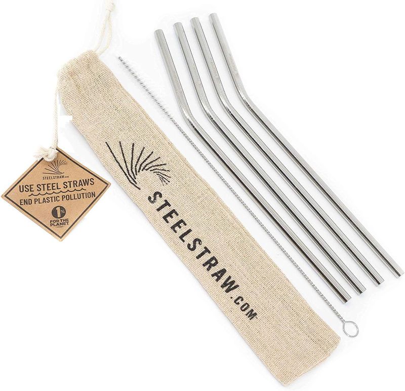 Photo 1 of **SET OF 2* Metal Straws - 4 Reusable Stainless Steel Straws w/ Cleaning Brush in Cloth Bag - Straw fits 20 Ounce Tumblers
