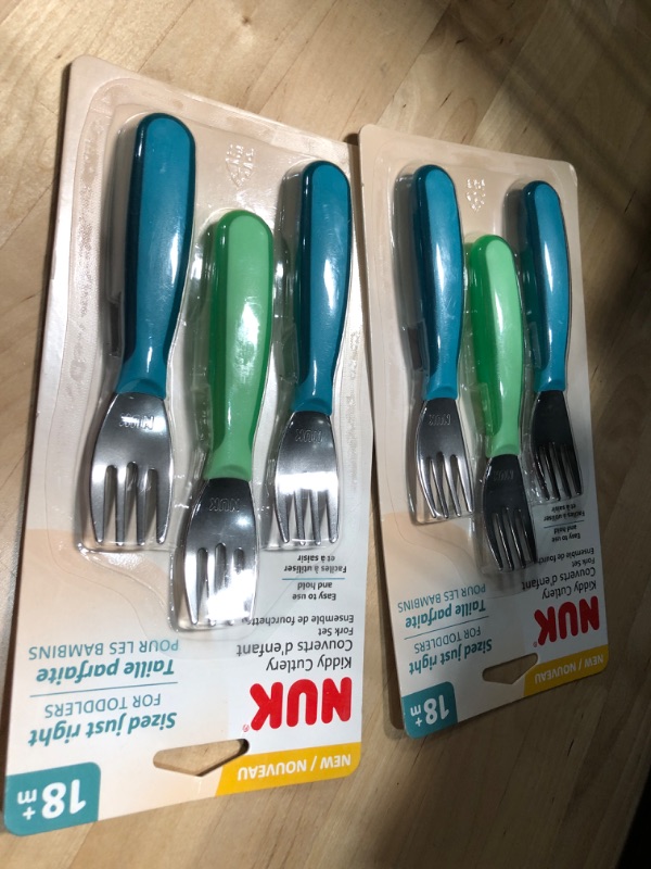 Photo 2 of **SET OF 2** NUK Kiddy Cutlery Forks, 3 Pack, 18+ Months Blue & Green