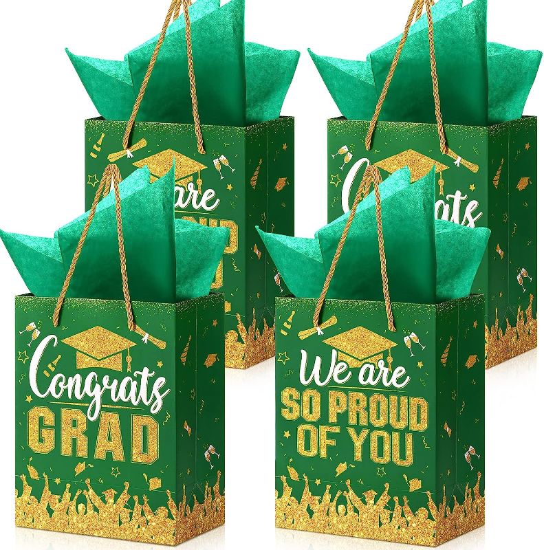 Photo 1 of 12 Pcs Graduation Gift Bags with Tissue Paper Graduation Party Favor Bag with Handles Class of 2023 Grad Party Paper Bags Graduation Goodie Bags Bulk for Congrats Grad Party Supplies (Green Gold)
