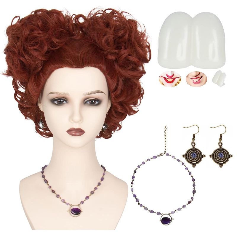 Photo 1 of Koonfan Short Curly Brown Wig with Teeth Necklace Earrings Halloween Costume Wig Accessory
