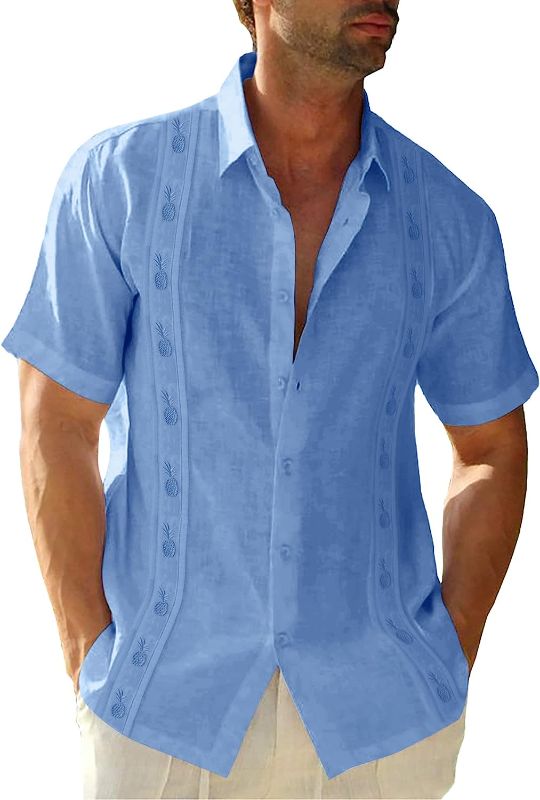 Photo 1 of Beotyshow Mens Guayabera Short Sleeve Shirts Embroidered Pineapple Linen Button up Shirts Casual Summer Beach Cuban Shirts SIZE LARGE