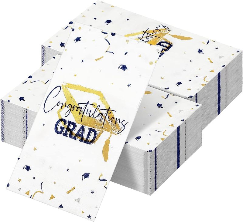 Photo 1 of 100 Sheets Graduation Party Napkins Disposable Congratulation Grad Beverage Cocktail Napkins Paper Towels for 2023 Graduation Celebration Party Supplies Table Decorations (Blue and Gold) 2 PACK
 