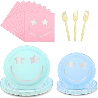 Photo 1 of 144 Pcs Preppy Smile Face Party Tableware Set Including Smile Face Paper Dinner Dessert Plates Smile Face Party Napkins with Pink Forks for Birthday Party Baby Shower