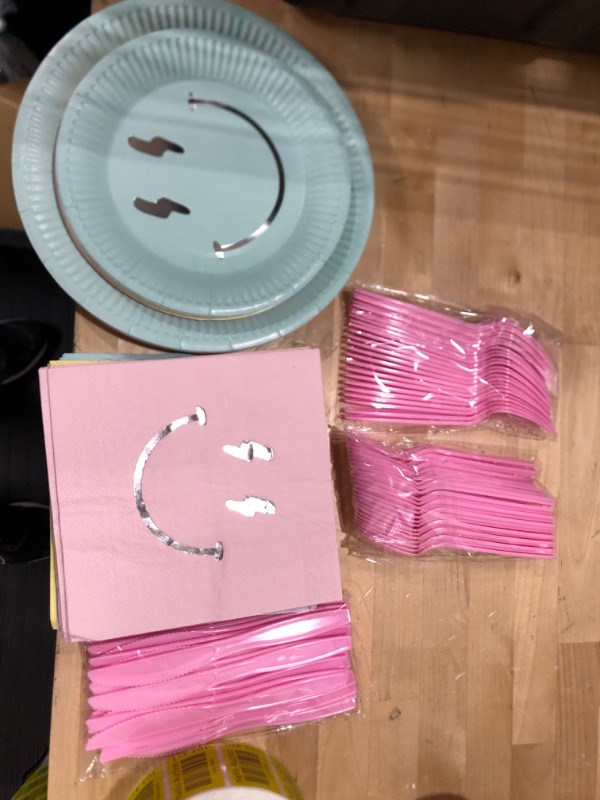 Photo 2 of 144 Pcs Preppy Smile Face Party Tableware Set Including Smile Face Paper Dinner Dessert Plates Smile Face Party Napkins with Pink Forks for Birthday Party Baby Shower