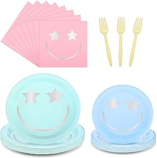 Photo 1 of 144 Pcs Preppy Smile Face Party Tableware Set Including Smile Face Paper Dinner Dessert Plates Smile Face Party Napkins with Pink Forks for Birthday Party Baby Shower
