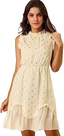 Photo 1 of Allegra K Women's Dots High Neck Sleeveless Metallic Print Ruffle Cocktail Party Dress Medium