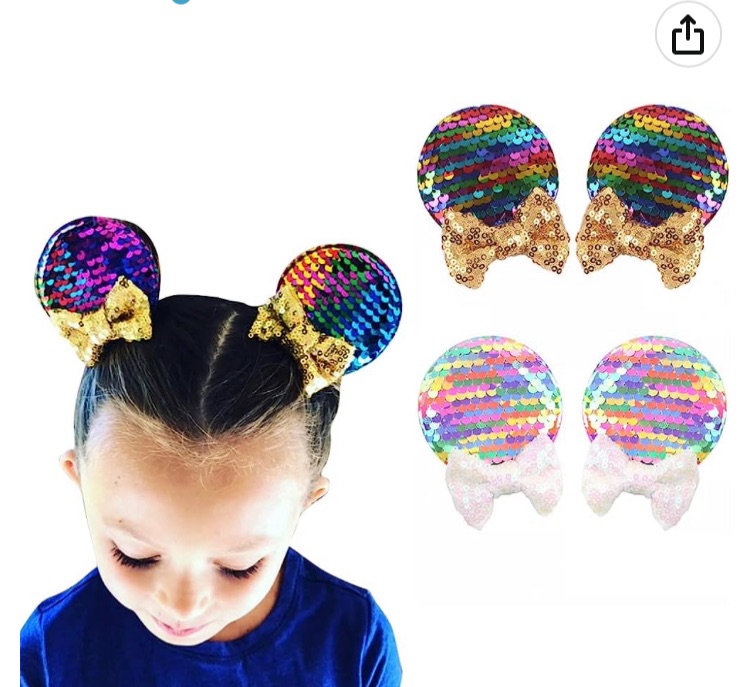 Photo 1 of 3 PACK JIAHANG Multicolor Mouse Ears Clips Sequin Bow Barrettes Rainbow Color Glittering Hair Accessories 2 Pairs for Children Girls Theme Costume Party Favor Decoration (rainbow set)