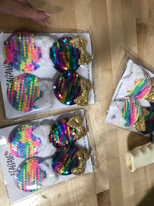 Photo 2 of 3 PACK JIAHANG Multicolor Mouse Ears Clips Sequin Bow Barrettes Rainbow Color Glittering Hair Accessories 2 Pairs for Children Girls Theme Costume Party Favor Decoration (rainbow set)