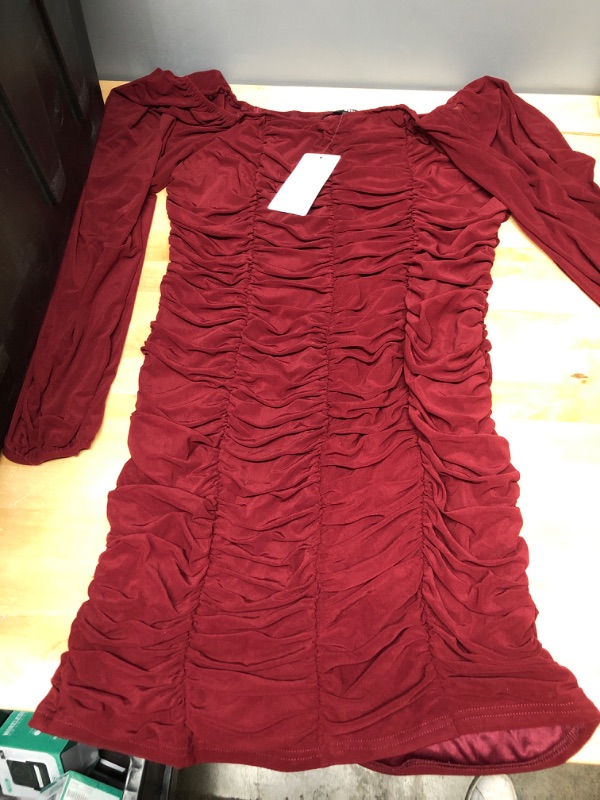 Photo 1 of BURGANDY ROUCHED SHORT STRETCH DRESS OFF SHOULDERS LONG SLEEVE --LARGE 