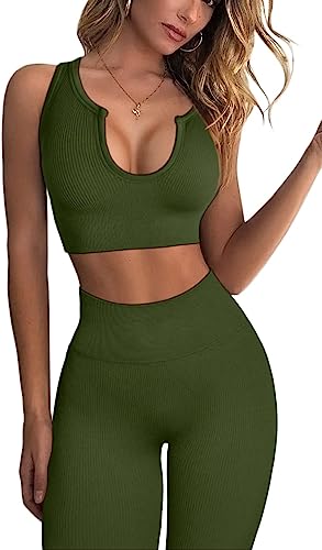 Photo 1 of QINSEN Workout Outfits for Women 2 Piece Ribbed Seamless Crop Tank High Waist Yoga Leggings Sets(XS)