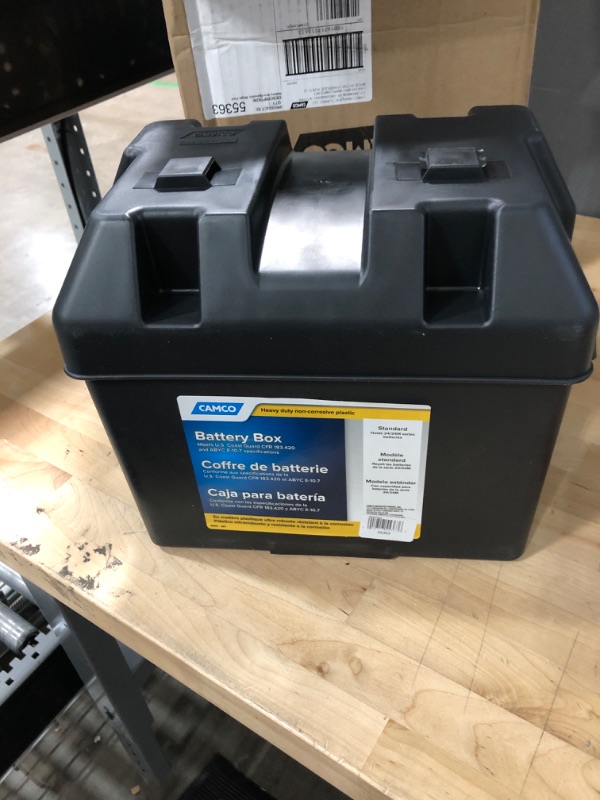 Photo 2 of Camco Heavy Duty Battery Box with Straps and Hardware - Group 24 |Safely Stores RV, Automotive, and Marine Batteries |Durable Anti-Corrosion Material | Measures 7-1/4" x 10-3/4" x 8" | (55363) Frustration Free Packaging Regular Battery Box