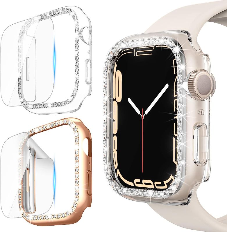 Photo 1 of 2 pk- [2+2Pack] VEGO for Apple Watch Series 8 Case/Series 7 Case 45mm for Women Girls, [with Screen Protector] PC Diamond Rhinestone Cover Glitter Case for Series 8/Series 7 (Rose Gold+Clear, 45mm)