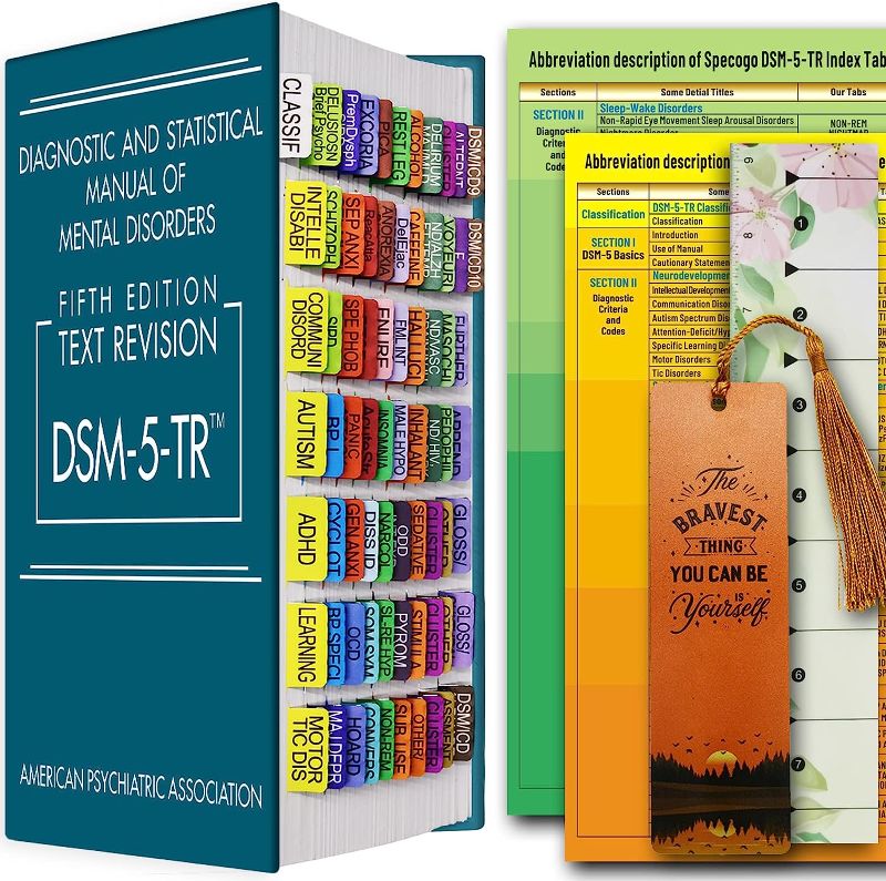Photo 1 of ( 2 pack)Index Tabs for DSM-5,DSM-5-TR, Diagnostic and Statistical Manual of Mmental Disorders, 72 Color-Coded Diagnosis Guide Tabs and 8 Additional Blank Tabs with Alignment Guide and Bookmarker