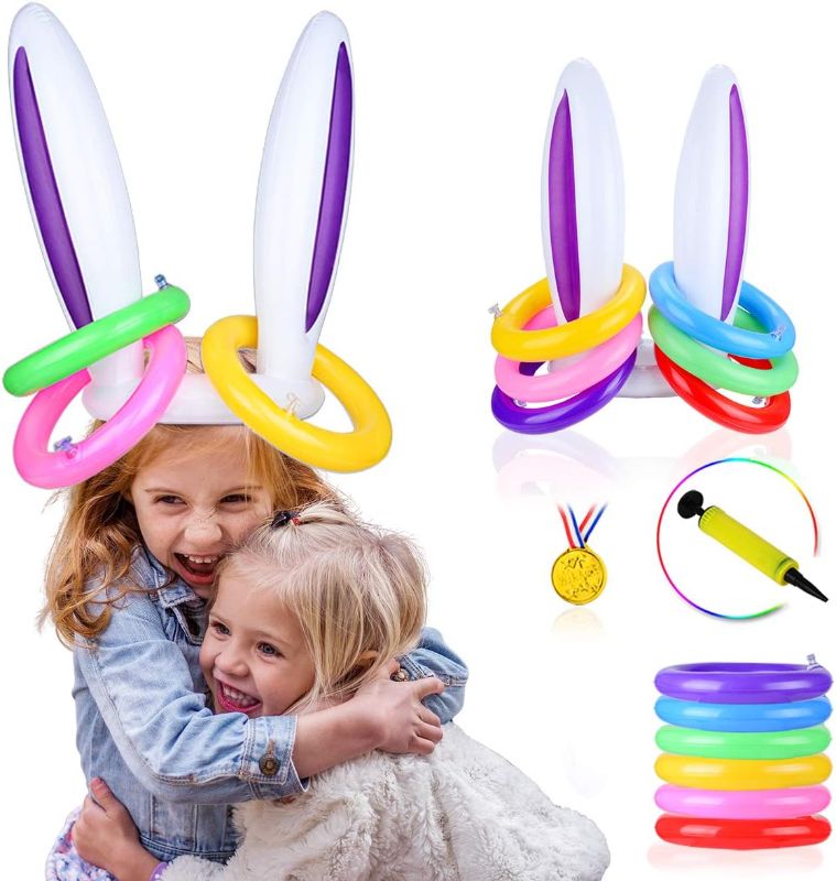 Photo 1 of ( 2 packs)Easter Inflatable Bunny Ears Ring Toss (2 packs) Game,Inflatable Rabbit Ears Toys Gift for Kid Family School Party,Favor Indoor Outdoor Toss Game(2 Sets & 12 Rings & 1 Pump