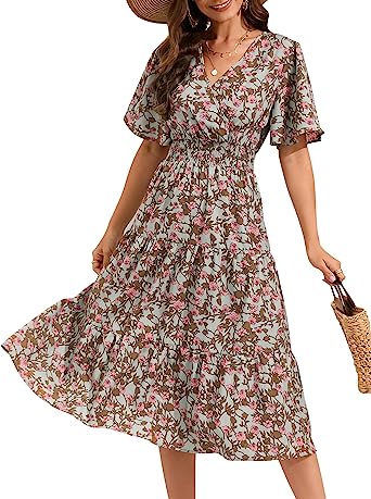 Photo 1 of KOJOOIN Women's Summer Smocked Waist Midi Dress Casual Wrap V Neck Flutter Short Sleeve Tiered A Line Flowy Maxi Long Dress