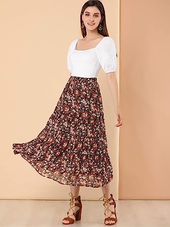 Photo 1 of Allegra K Women's Floral Long Skirts Elastic Waist Tiered Ruffle Boho Midi Skirt