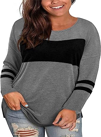 Photo 1 of Haloumoning Womens Plus Size Color Block Long Sleeve Tops Casual Crewneck T-Shirts Cotton Oversize Tunic Tees Shirts