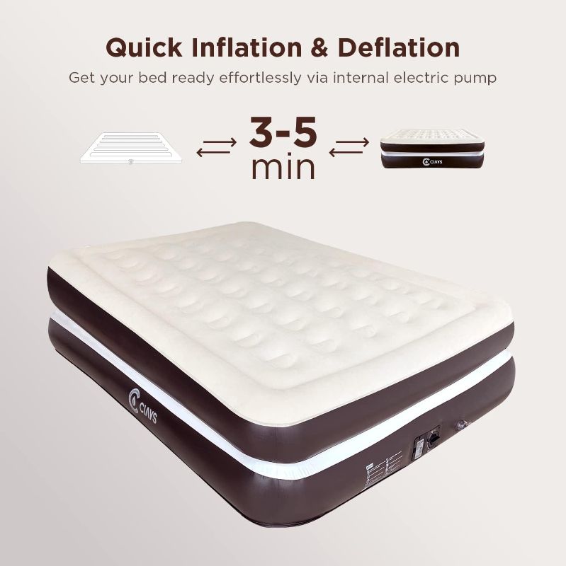 Photo 1 of 
Did Not Inflate*****Ciays Air Mattress with Built-in Pump, Blow Up Mattress with Carrying Bag for Home and Camping, Flocked Top Inflatable Air Bed for Guests, Family
Size:King-16 Inch
Style:Air Mattress
Color:Brown