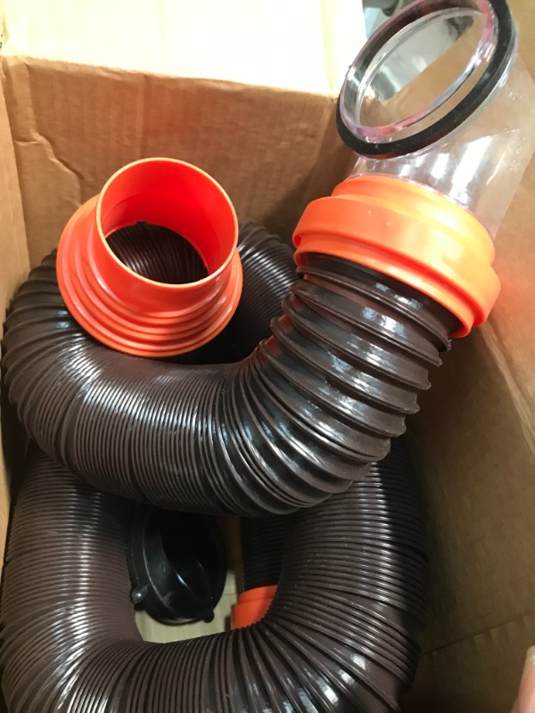 Photo 2 of Camco RhinoFLEX RV Sewer Hose Kit with Swivel Transparent Elbow and 4-in-1 Dump Station Fitting, Brown, 15 Feet (39770) 15ft Sewer Hose Kit Frustration-Free Packaging