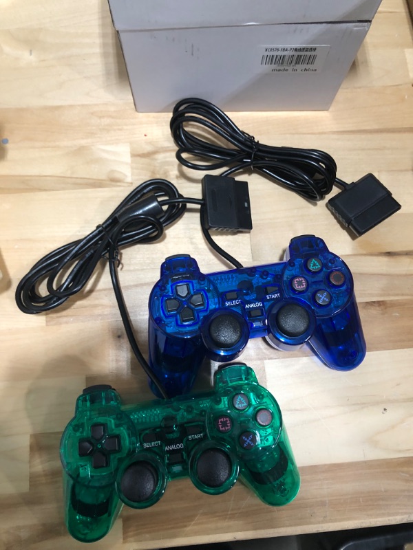 Photo 1 of Poulep Wired Controller Compatible for PS2 Console, Double Vibration, 1.65M Cable Remote Gamepad (Transparent Blue and Transparent Green)