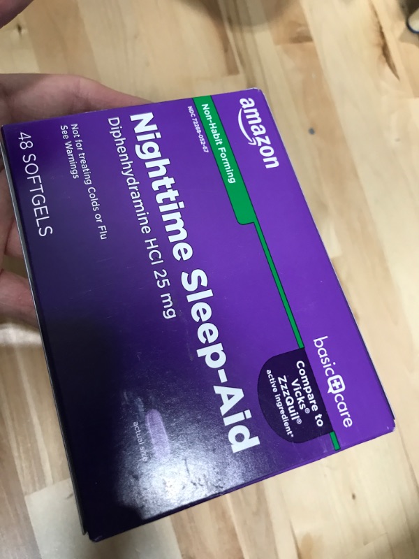 Photo 2 of Amazon Basic Care Sleeptime Nighttime Sleep-Aid Softgels, Diphenhydramine HCl 25 mg, Relieves Occasional Sleeplessness, 48 Count 48 Count (Pack of 1) Softgels Best By: 09/2023