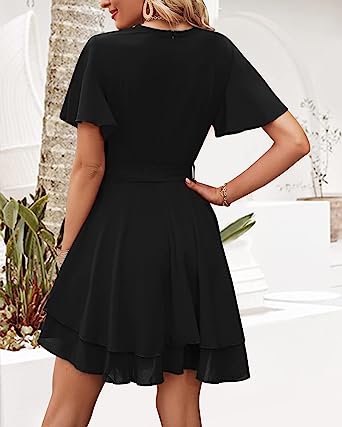 Photo 2 of Bequemer Laden Women’s Summer Casual Short Sleeve Deep Warp V Neck Mini Dress Tie Belted Waist Ruffle Swing Skater Dresses
SIZE XL