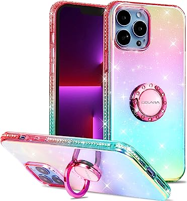 Photo 1 of EXOLARA Glitter Clear Case Compatible with iPhone 13 Pro Max Case, [Not Yellowing] with Ring Kickstand for Women Girls Neon Bling Sparkle Shockproof Protective Phone Case 6.7 inch 2021 (Pink Blue