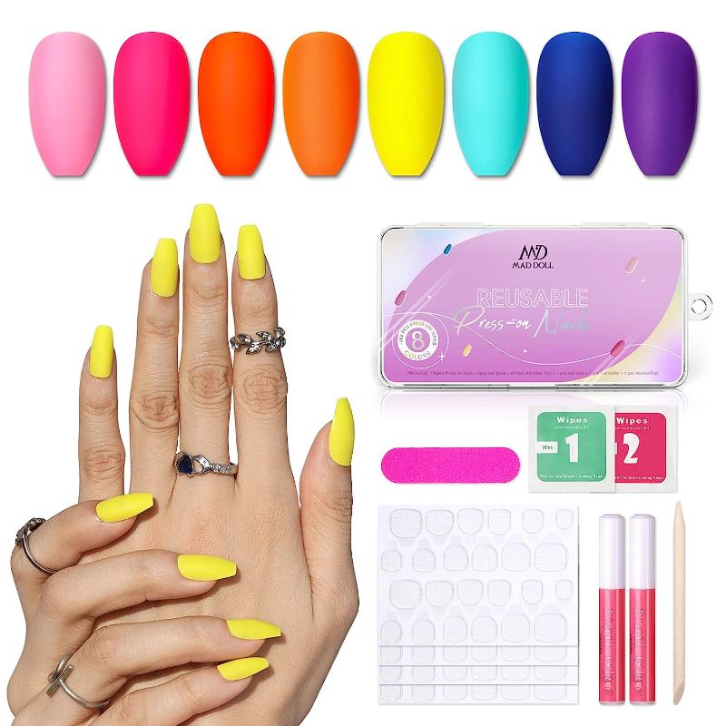 Photo 1 of 3PK-Matte Press On Nails Medium Length - 192Pcs Acrylic Fake Nails Full Cover, Summer Neon Colors, Ballerina Coffin Press On Nails 8 Solid Colors for Nail Art...
