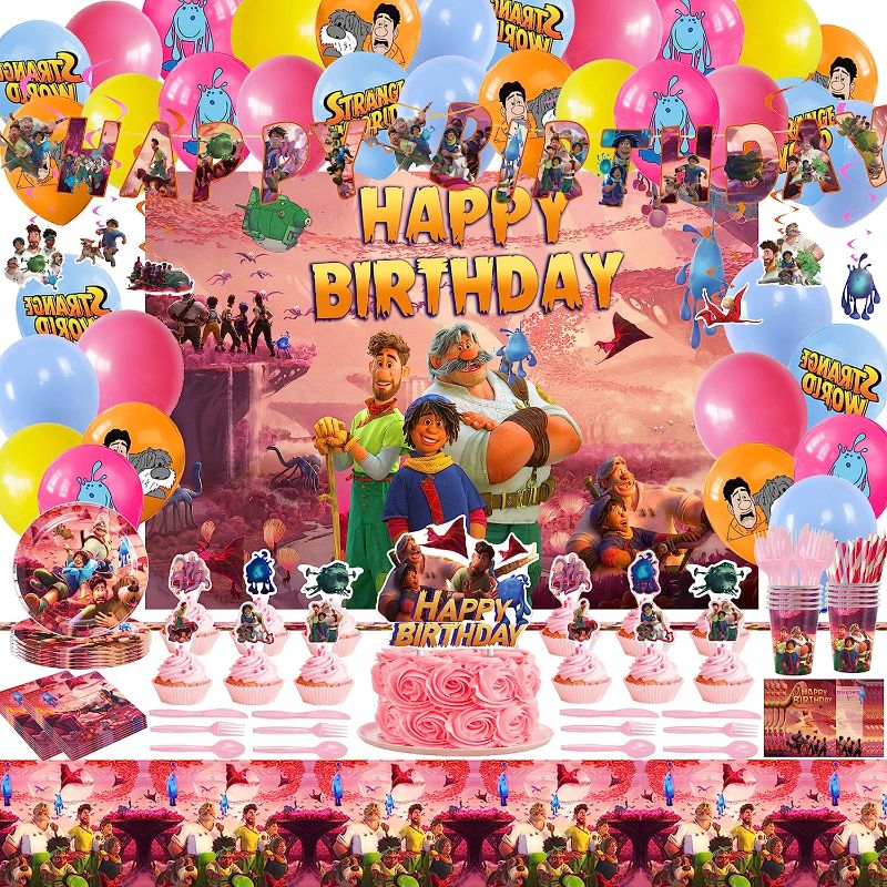 Photo 1 of 172Pcs Strange World Birthday Party Supplies, Strange World Birthday Party Decoration Include Banner, Hanging Swirls, Balloons, Cake Topper, Cupcake Topper, Tablecloth, Backdrop, Tableware (10 Guests)