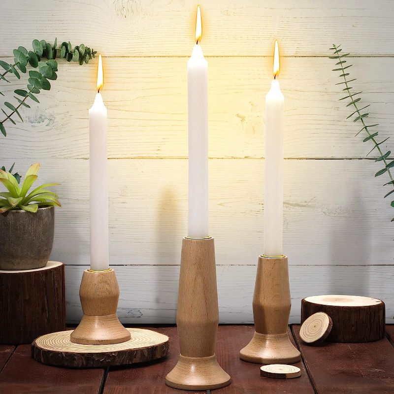 Photo 1 of ( Bundle two pack ) 3 Pieces Wooden Candlestick Holders Wood Candle Holder Wooden Candle Pillar Holder with Gold Cups Candle Stand Fit 3/4 Inch Thick Pillar Candles for Wedding, Dining, Birthday