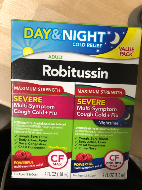 Photo 2 of best by 2024-- Robitussin Maximum Strength Severe Multi-Symptom Cough Cold 4 fl. oz.+ Flu Day & Night 4 fl. oz. Bottles Raspberry 4 Fl Oz (Pack of 2)