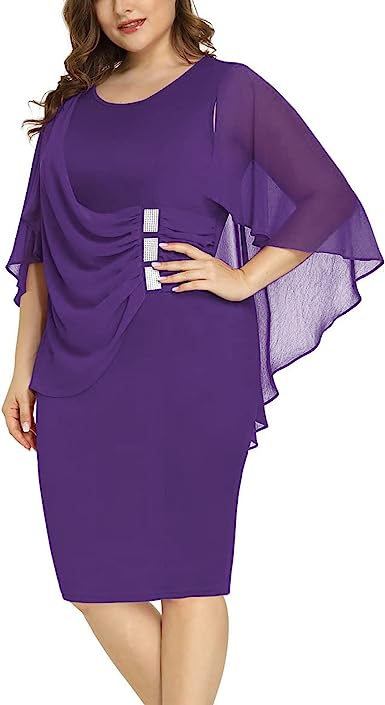 Photo 1 of LALAGEN Womens Chiffon Plus Size Ruffle Flattering Cape Sleeve Bodycon Party Pencil Dress S  XL
