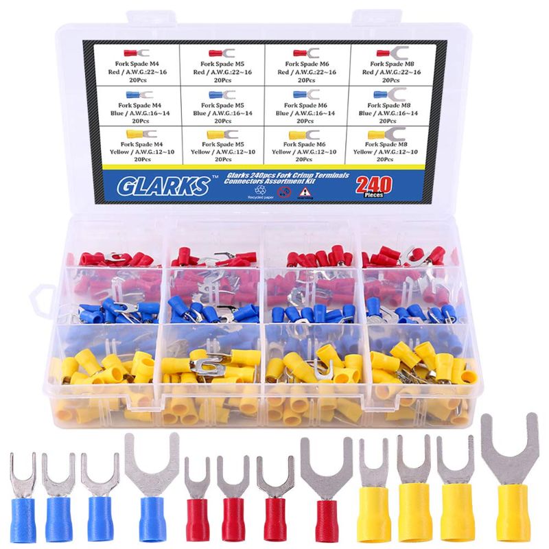 Photo 1 of 2 PACKS   Glarks 240pcs 22-16/16-14/12-10 Gauge Fork Spade Quick Splice Crimp Terminals Connectors Assortment Kit
