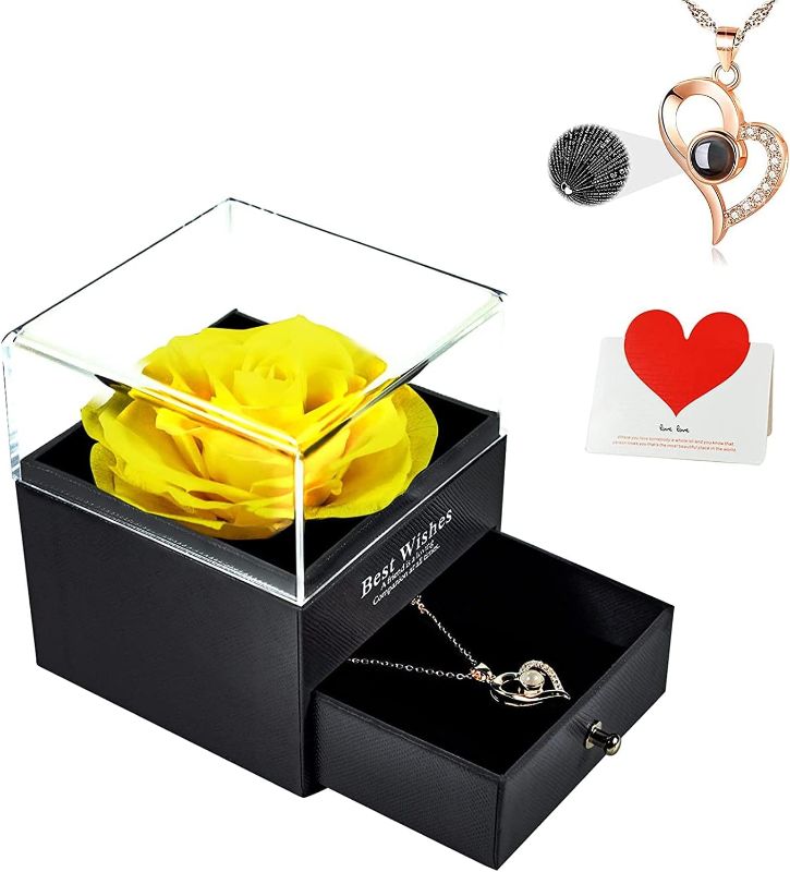 Photo 1 of  I Love You Heart Necklace, Birthday Gifts for Women Mom Her Girlfriend Wife, Romantic Forever Eternal Flower for Mothers Day Anniversary from Daughter Son, Yellow Roses
