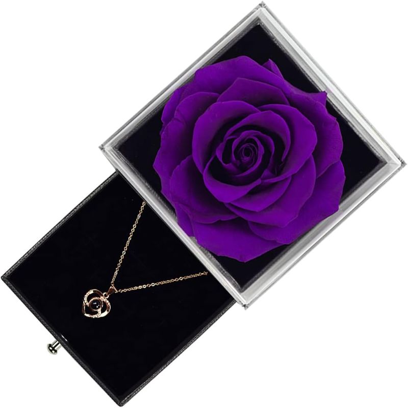 Photo 1 of *COLOR AND NECKLACE MAY VARY** ** IMAGE JUST FOR REFERENCE** Real Preserved Rose with Love You 100 Languages Necklace Box Gift for Her, Birthday Gift for Women, Rose Gift for Anniversary, Valentine's Day, Mother's Day, Christmas