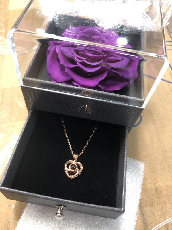 Photo 2 of *COLOR AND NECKLACE MAY VARY** ** IMAGE JUST FOR REFERENCE** Real Preserved Rose with Love You 100 Languages Necklace Box Gift for Her, Birthday Gift for Women, Rose Gift for Anniversary, Valentine's Day, Mother's Day, Christmas