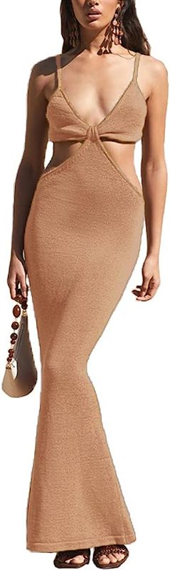 Photo 2 of Antopmen Women Spaghetti Straps Knitted Maxi Dresses Elegant Sexy Party Cut Out Backless Bodycon Slim Dress small