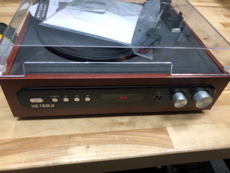 Photo 3 of Victrola All-in-1 Bluetooth Record Player with Built in Speakers and 3-Speed Turntable Mahogany (VTA-65-MAH)
