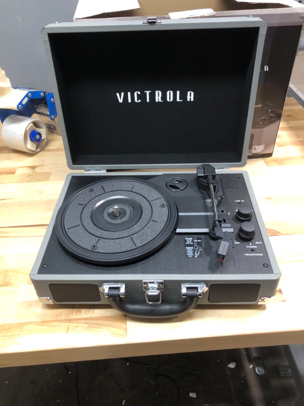 Photo 3 of Victrola Vintage 3-Speed Bluetooth Portable Suitcase Record Player with Built-in Speakers | Upgraded Turntable Audio Sound| Includes Extra Stylus | NWG, Model Number: VSC-550BT-NWG Grey Record Player