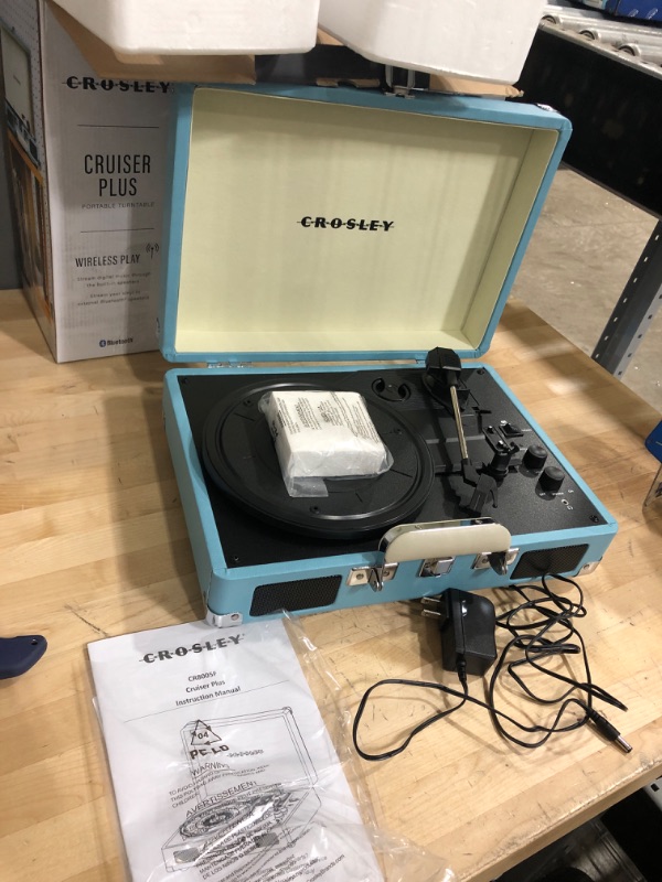 Photo 2 of Crosley CR8005F-TU Cruiser Plus Vintage 3-Speed Bluetooth in/Out Suitcase Vinyl Record Player Turntable, Turquoise/White Bluetooth In/Out Turquoise/White