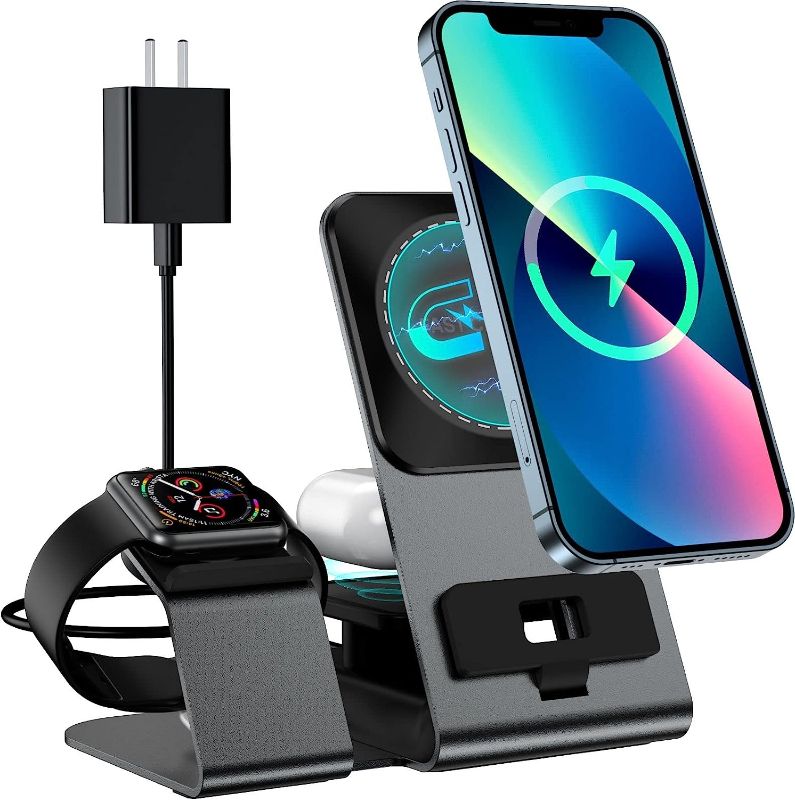 Photo 1 of Magnetic Wireless Charging Station, 4-in-1 Fast MagSafe Charger Stand with PD 20W Adapter for iPhone 14,13,12 iWatch Series, AirPods 3/2 Pro