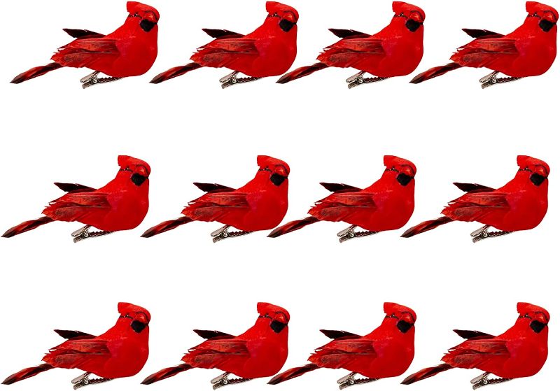 Photo 1 of 12 Pcs Artificial Red Cardinal Birds with Metal Clip