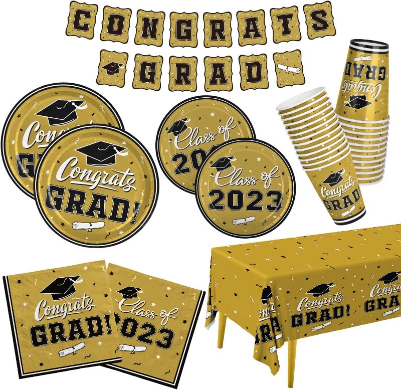 Photo 1 of 2023 Graduation Party Supplies Gold Graduation Party Dinnerware Set Disposable Paper Plates Napkins Cups Tablecloth Banner for Congrats Grad Party Decorations, Serve 25
